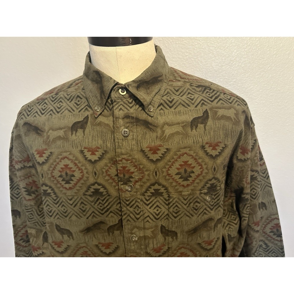 Cabelas Shirt Deerskin Soft Chamois Flannel Southwestern Wolf Print Aztec Men XL